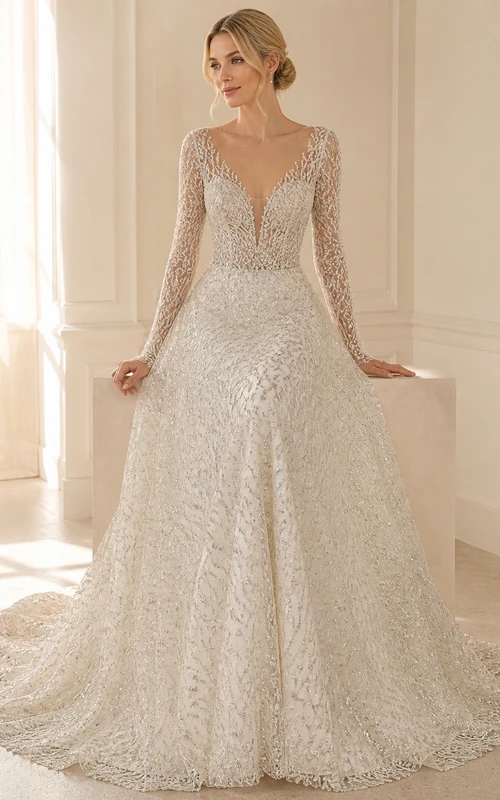 Vestido de novia de lujo estilo catedral con mangas largas y encaje radiante