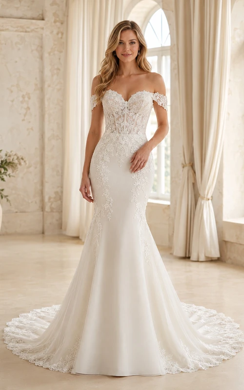 Robe de mariée sirène en satin et dentelle sans couture, épaules dénudées, manches courtes, corsage à traîne chapelle, style jardin