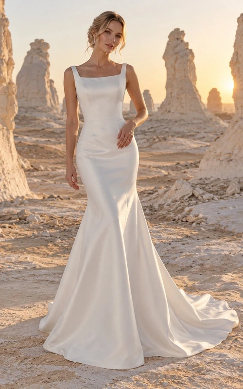 Vestido de novia sencillo de corte sirena, escote cuadrado, sin mangas, de satén, con tirantes anchos y cola ajustada a la cadera.