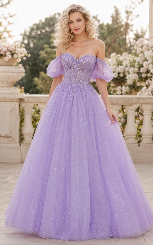 Vestido de gala largo hasta el suelo, romántico, formal, de tul con cuentas, escote Bardot y mangas abullonadas, color lila-niebla lavanda.