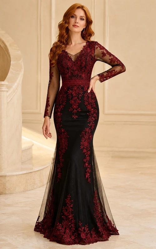 Schwarzes, rotes, florales Spitzenkleid mit V-Ausschnitt, langen Ärmeln und Meerjungfrauen-Stil