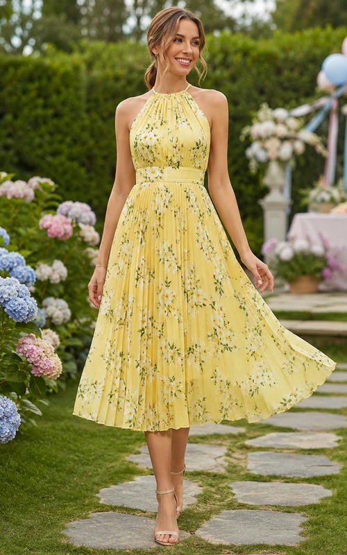 Yellow floral halter neck pleated A-line midi dress