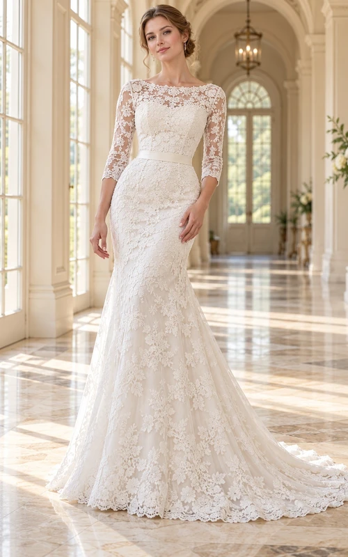 Modest Mermaid Bateau Neck Three Quarter Sleeve Lace Wedding Dress