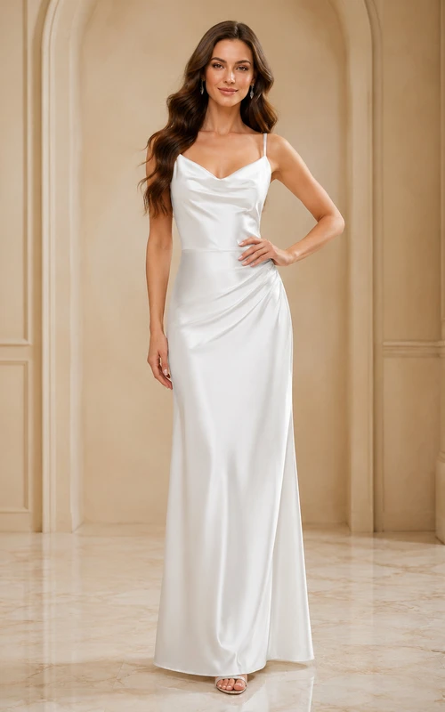 Robe de mariée fourreau moderne en satin à bretelles spaghetti et dos nu drapé, col bénitier, pour réception