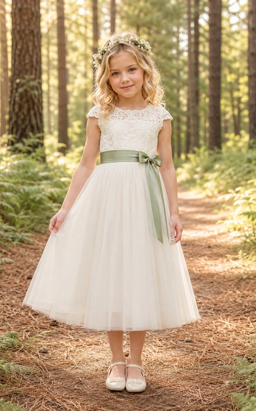 Blumenmädchenkleid in A-Linie mit kurzem Ärmel, Rundhalsausschnitt, wadenlangem Rock und Schärpenverzierung aus Tüll und Spitze mit salbeigrüner Schärpe.