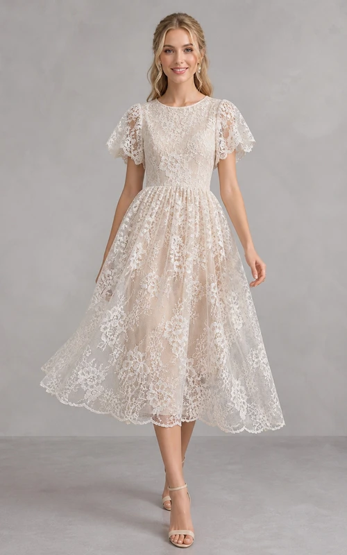 Vintage Tea-length A-Line Lace Flutter Sleeve Civil Wedding Dress