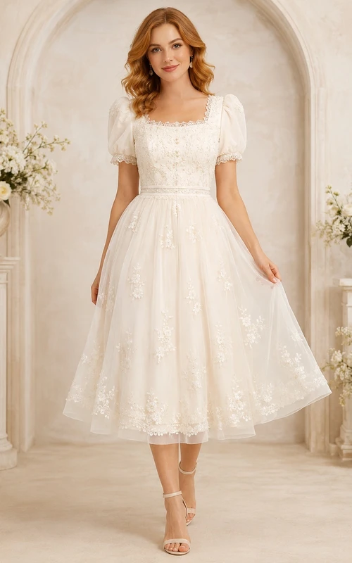 Romantisches, eckiges Spitzenkleid mit Puffärmeln, A-Linie und Teelänge für standesamtliche Trauungen
