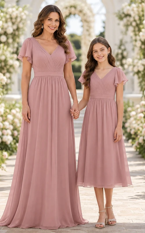 Elegantes Brautjungfernkleid in Altrosa, A-Linie, V-Ausschnitt, kurze Ärmel