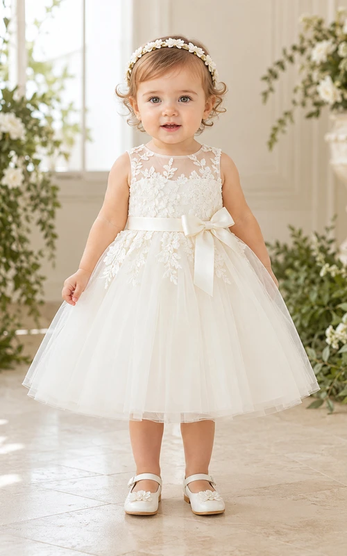 Vestido de niña de flores color marfil, largo midi, corte en A, encaje ilusión, botones en la espalda, lazo de tul en la cintura.