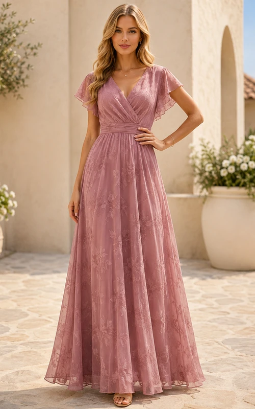 Vestido de noche formal largo hasta el suelo, de gasa rosa empolvado con escote en V y mangas acampanadas, corte en A.
