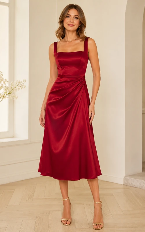 Vestido de fiesta de satén rojo con escote cuadrado y drapeado, corte en A.