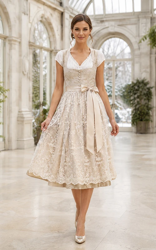 Elegant Lace Bridal Dirndl V Neck Cap Sleeve Tea Civil Wedding Dress