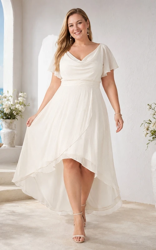 Romantisches, lässiges Chiffon-Brautkleid in Übergröße mit V-Ausschnitt, flatternden Ärmeln und asymmetrischem Saum – perfekt für die zweite Hochzeit.