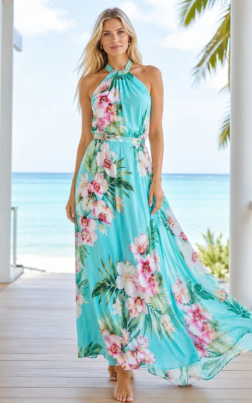 Robe de plage turquoise à fleurs, dos nu, en mousseline, coupe trapèze, longueur cheville