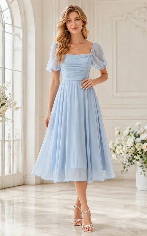 Sky Keepsake A-Line Tea-Length Square Short-Sleeve Chiffon Romantic Bridesmaid Dress