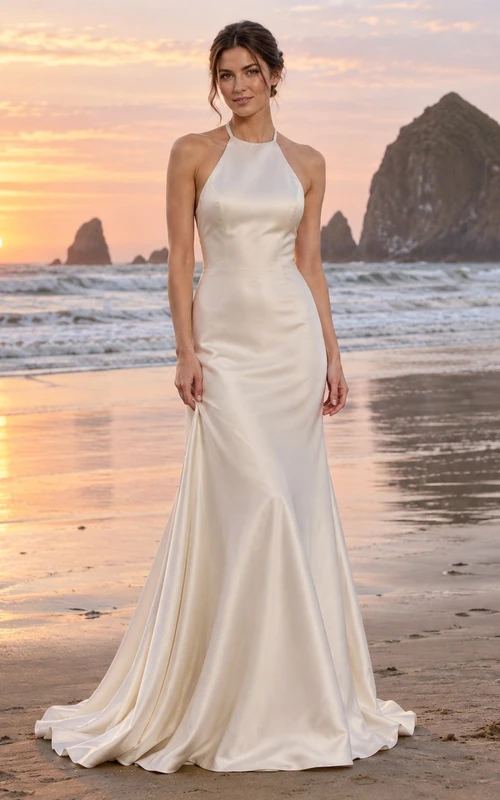 Vestido de novia sencillo de sirena sin mangas con escote halter, de charmeuse liso y largo hasta el suelo