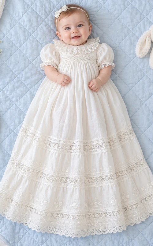 White Lace Collar Puff Sleeve Smocked Long Baby Christening Dress