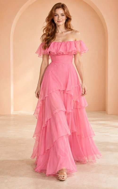 Robe de bal en mousseline rose bonbon des années 1970, épaules dénudées et volants étagés