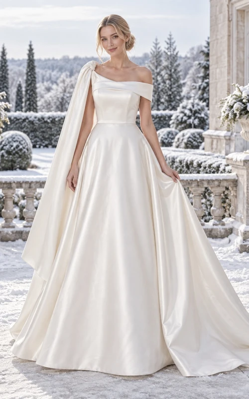 Simple Winter Off Shoulder Asymmetric Satin Cape Full A-line Wedding Dress