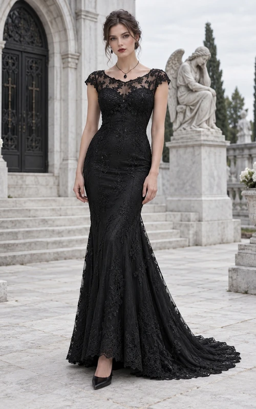 Gothic Black Mermaid Bateau Cap Sleeve Floral Lace Evening Gown