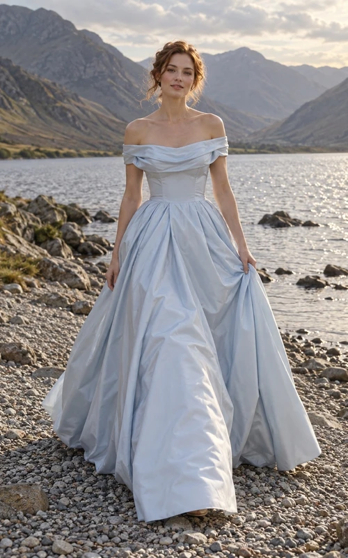 Vestido de novia de tafetán azul cielo con hombros descubiertos y sin mangas