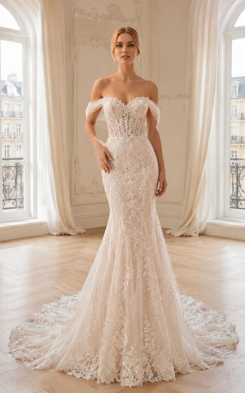 Robe de mariée sirène vintage en dentelle, décolleté cœur, manches courtes et traîne chapelle, ornée d'appliques.