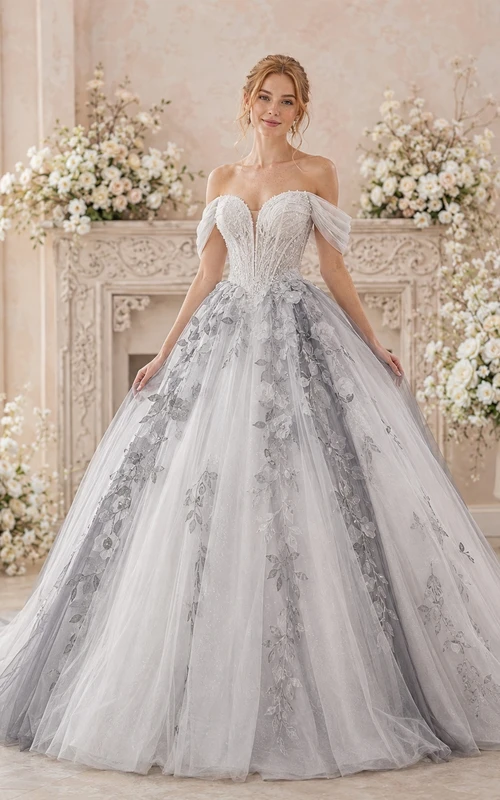 Graues, geblümtes Ballkleid, Brautkleid, schulterfrei, kurze Ärmel, bodenlang, Kathedralenschleppe, romantisches Kleid
