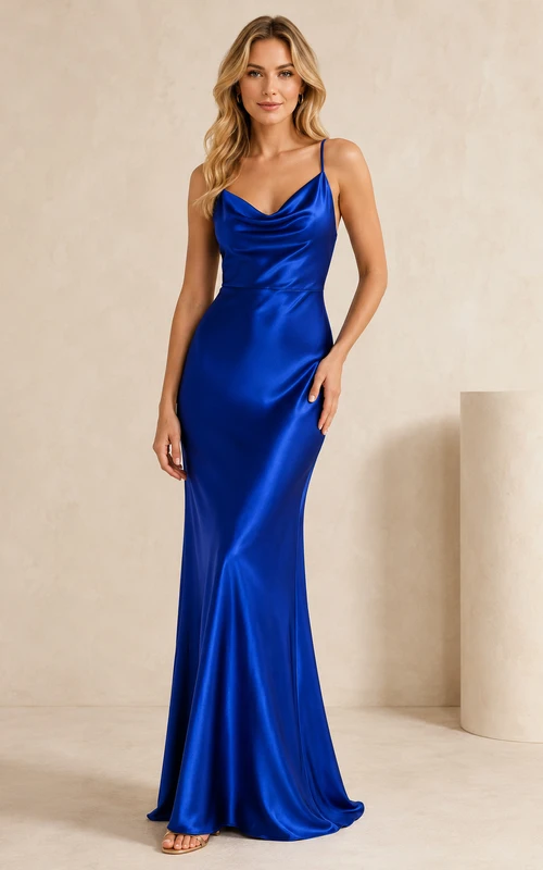Königsblaues, elegantes Etuikleid aus Satin mit Wasserfallausschnitt