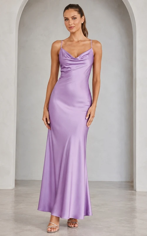 Lavender Spaghetti Strap Cowl Neck Satin Sheath Floor-Length Evening Dress