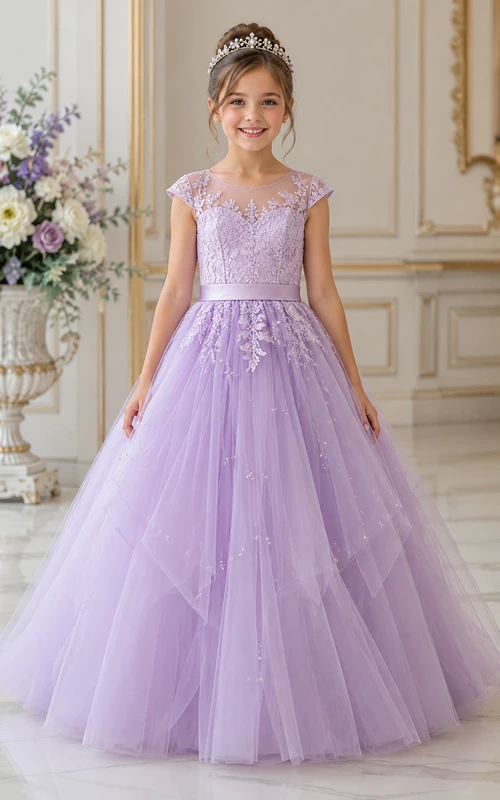 A-line Floor Length Cap Sleeve Tulle Lace Flower Girl Dress with Lavender V-neck lace bodice and flowing tulle