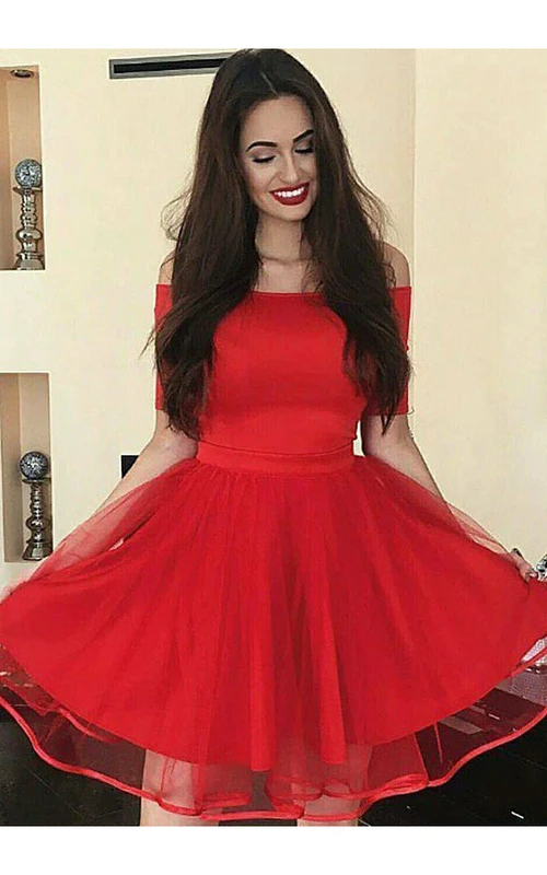Ärmelloses, kurzes Mini-Abendkleid aus Satintüll in A-Linie mit schulterfreiem Ausschnitt