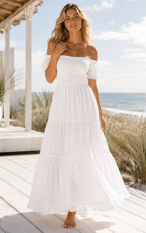 Off-the-Shoulder Tiered Chiffon Floor-Length Formal Wedding Dress