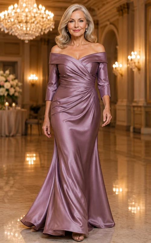 Mauvefarbenes schulterfreies Meerjungfrauen-Kleid aus Stretch-Satin für Mütter