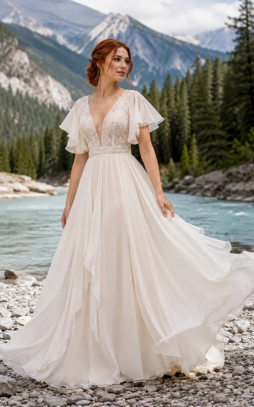 Vestido de novia de montaña con mangas de pétalo, escote en V profundo, encaje y gasa, corte en A y cola larga.