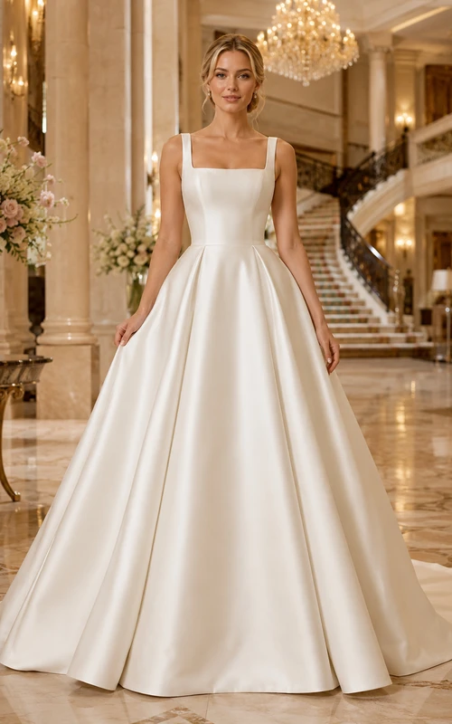 Elegantes Ballkleid aus Satin mit quadratischem Ausschnitt für Braut
