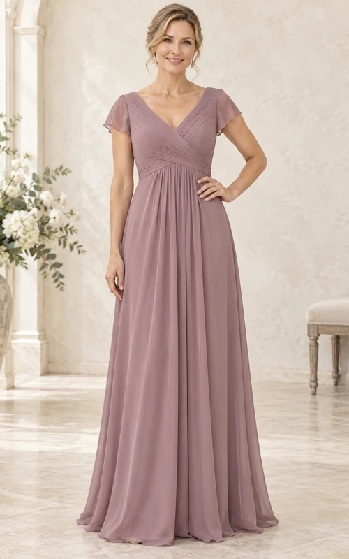 Vestido de gasa de corte A largo hasta el suelo, estilo imperio, con escote en V, mangas cortas y cuello imperio, color malva, ideal para la madre de la novia.