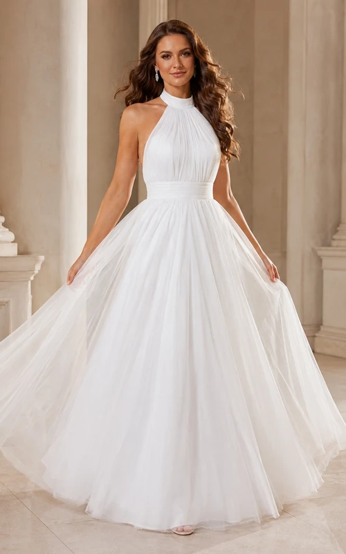 White Tulle Halter Sleeveless Ball Gown Floor-Length Formal Dress