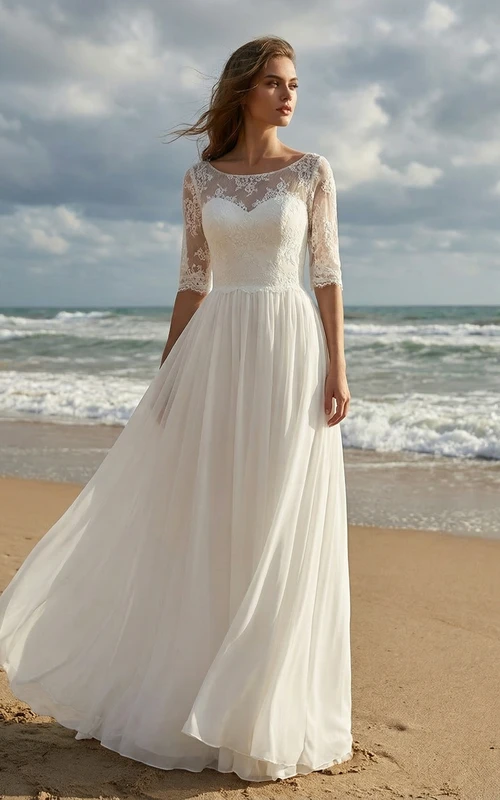 Strandhochzeitskleid aus Spitze, 3/4-Ärmel, Chiffon, A-Linie