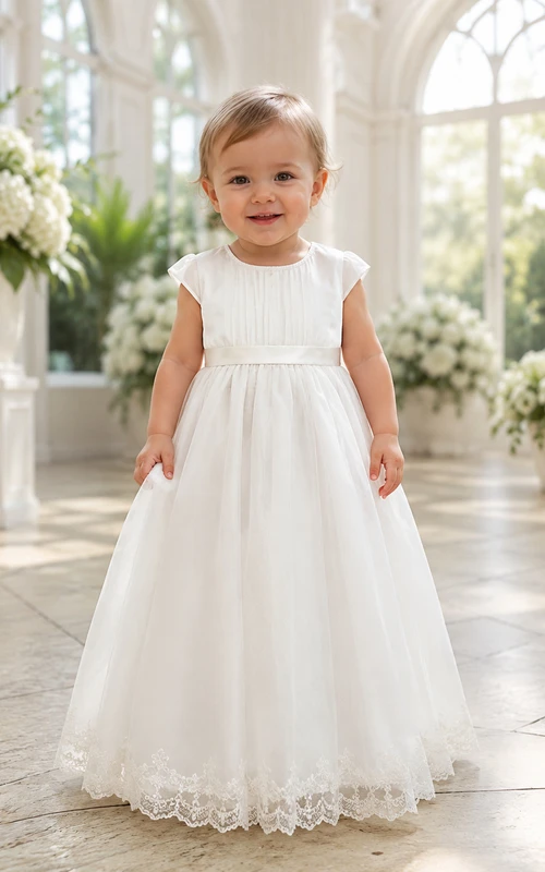 Pleated Bodice Baby Baptism A-Line Cap Sleeve Tulle Lace Gown