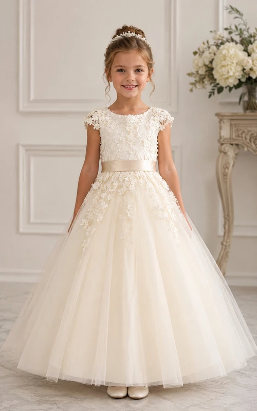 A-line Floor Length Cap Sleeve Tulle Lace Flower Girl Dress with Ivory lace bodice and classic full tulle skirt