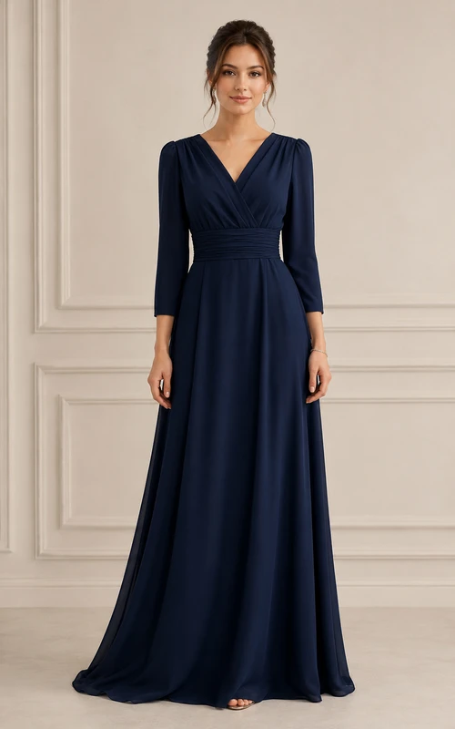 Robe de soirée bleu marine foncé en mousseline, col V et coupe trapèze
