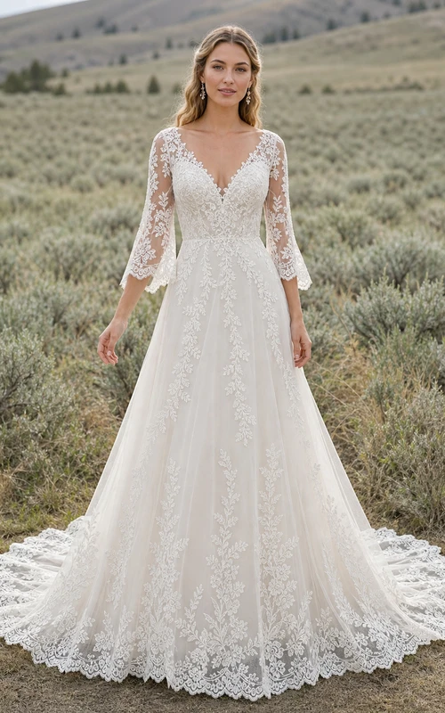 Vestido de novia romántico de corte A con escote en V y mangas tres cuartos, en encaje lavanda y cola catedral.