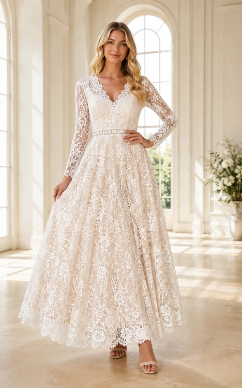Robe de cocktail formelle trapèze en dentelle festonnée, manches longues, longueur thé, sobre et élégante