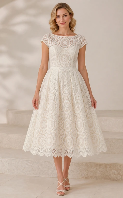 Vestido de novia vintage de encaje de ganchillo con escote barco y corte en A, largo hasta la rodilla.