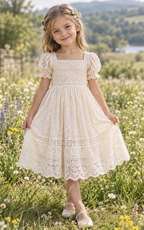 Square Neck Cream Puff Sleeve Banded Scalloped Gathered Tea-length Lace A-Line Flowergirl Dress