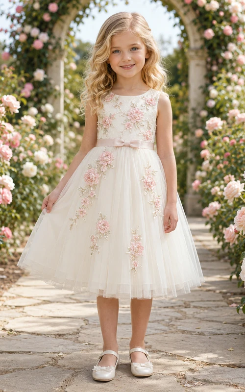 Elegante vestido de niña de flores de corte A con estampado de rosa romántica en un jardín, con falda de tul, corpiño sin mangas y delicados detalles florales.