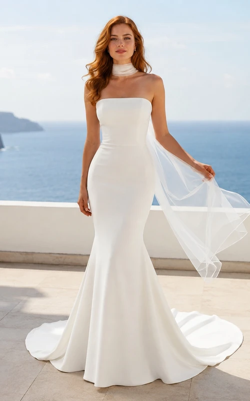 Trägerloses, hochgeschlossenes Satin-Etuikleid mit drapierter Schärpe – modernes Brautkleid für eine intime Hochzeit