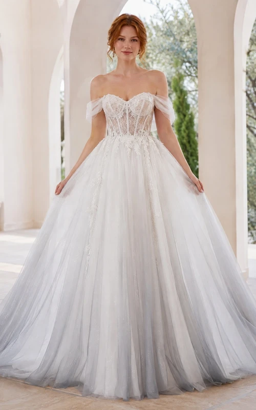Tüll-Ballkleid, schulterfrei, bodenlang, weich, romantisch, formell, Hochzeitskleid