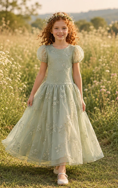 Sage Dropped Waist A-Line Floral Embroidered Tulle Flower Girl Dress, Short Sleeve Puff, Jewel Neck, Tea-Length Country