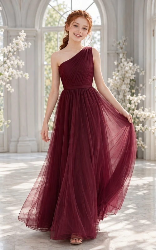 Robe de demoiselle d'honneur junior bordeaux, coupe trapèze, asymétrique, sans manches, drapée et sexy